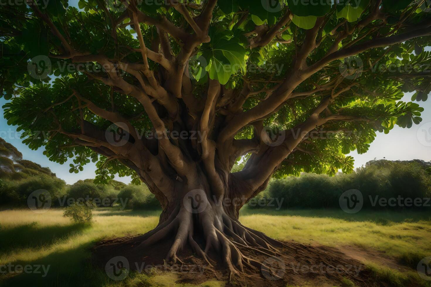 A large tree with large roots in the middle of a field photo