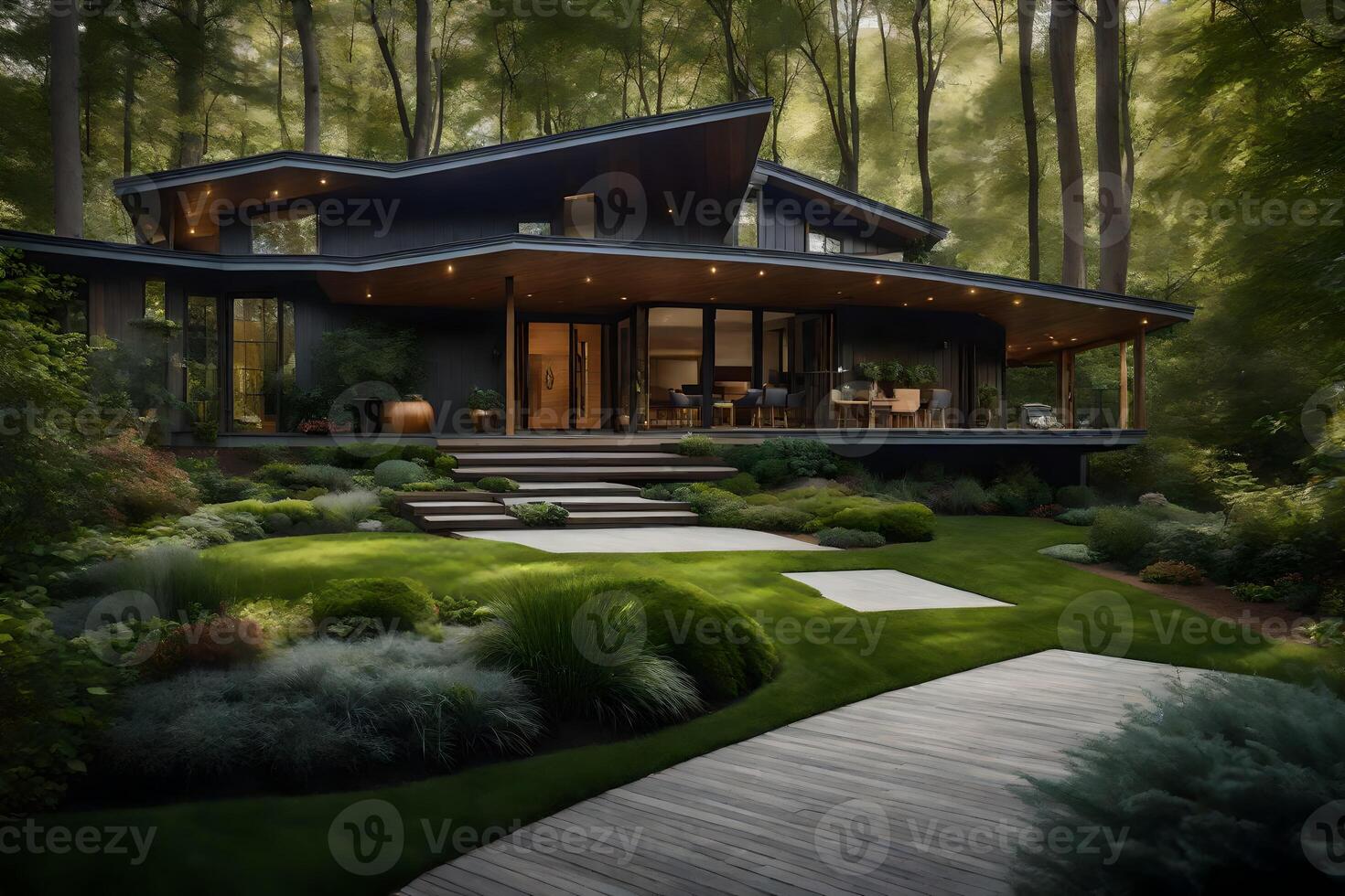 A modern house in the woods with a walkway photo