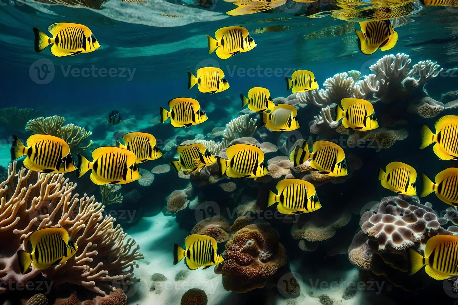 A group of yellow and black fish swim in the ocean photo