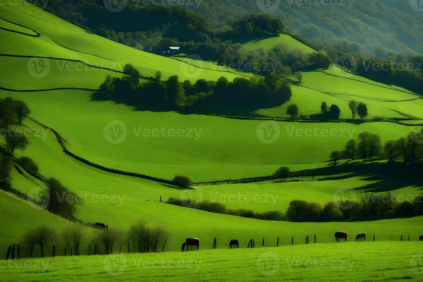 A green field with cows grazing on it photo