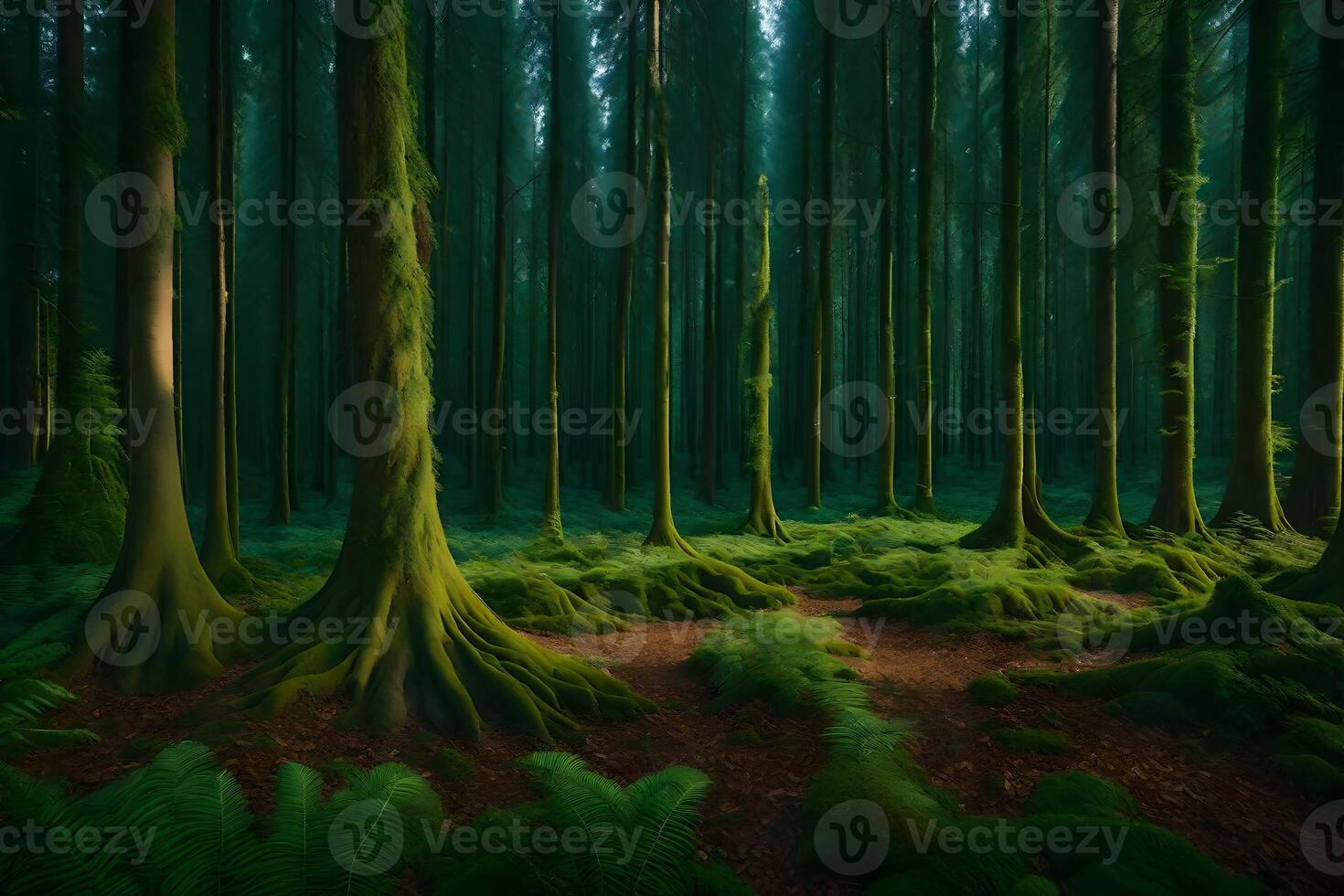 A forest with tall trees and green grass photo