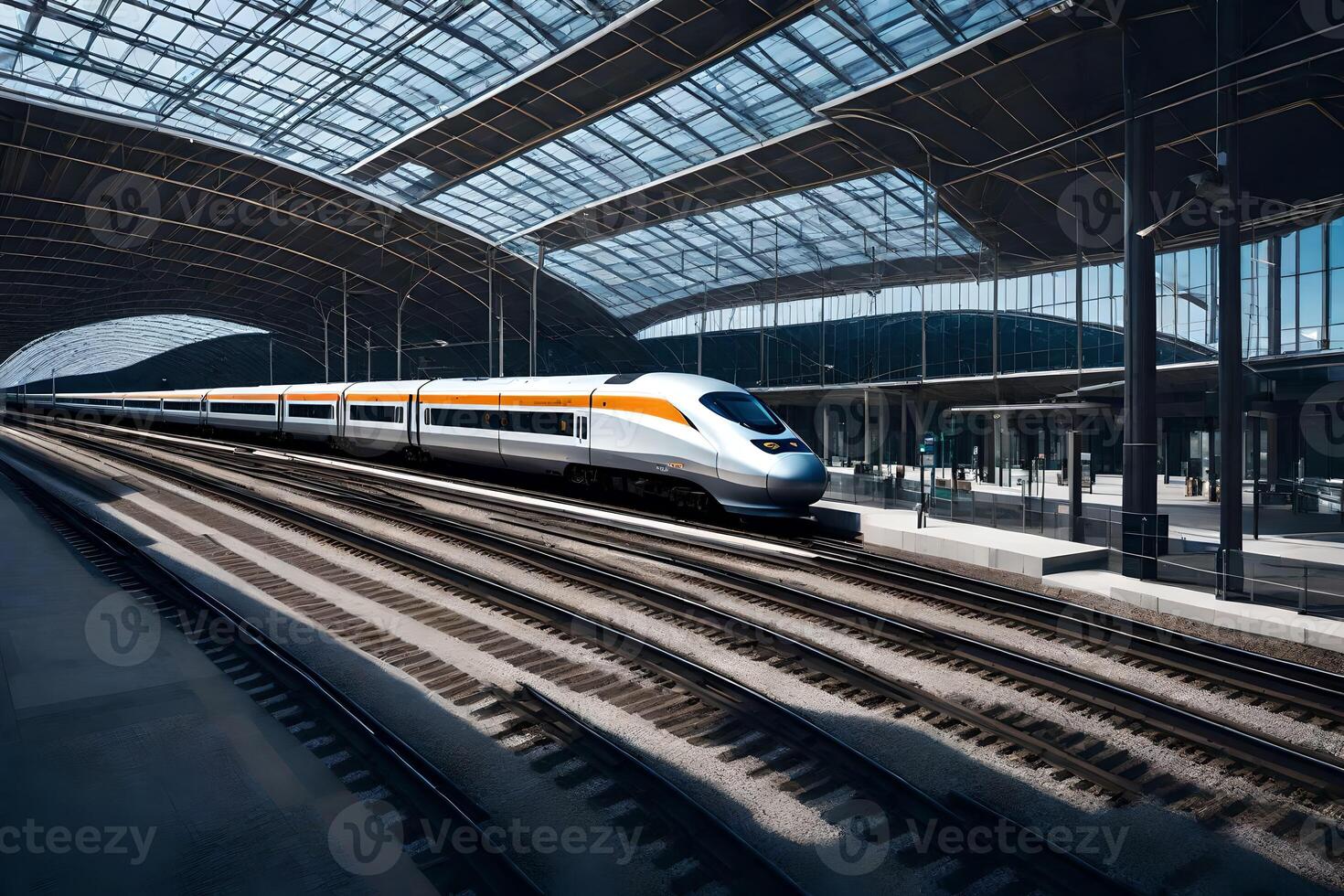 A high speed train is in a train station photo