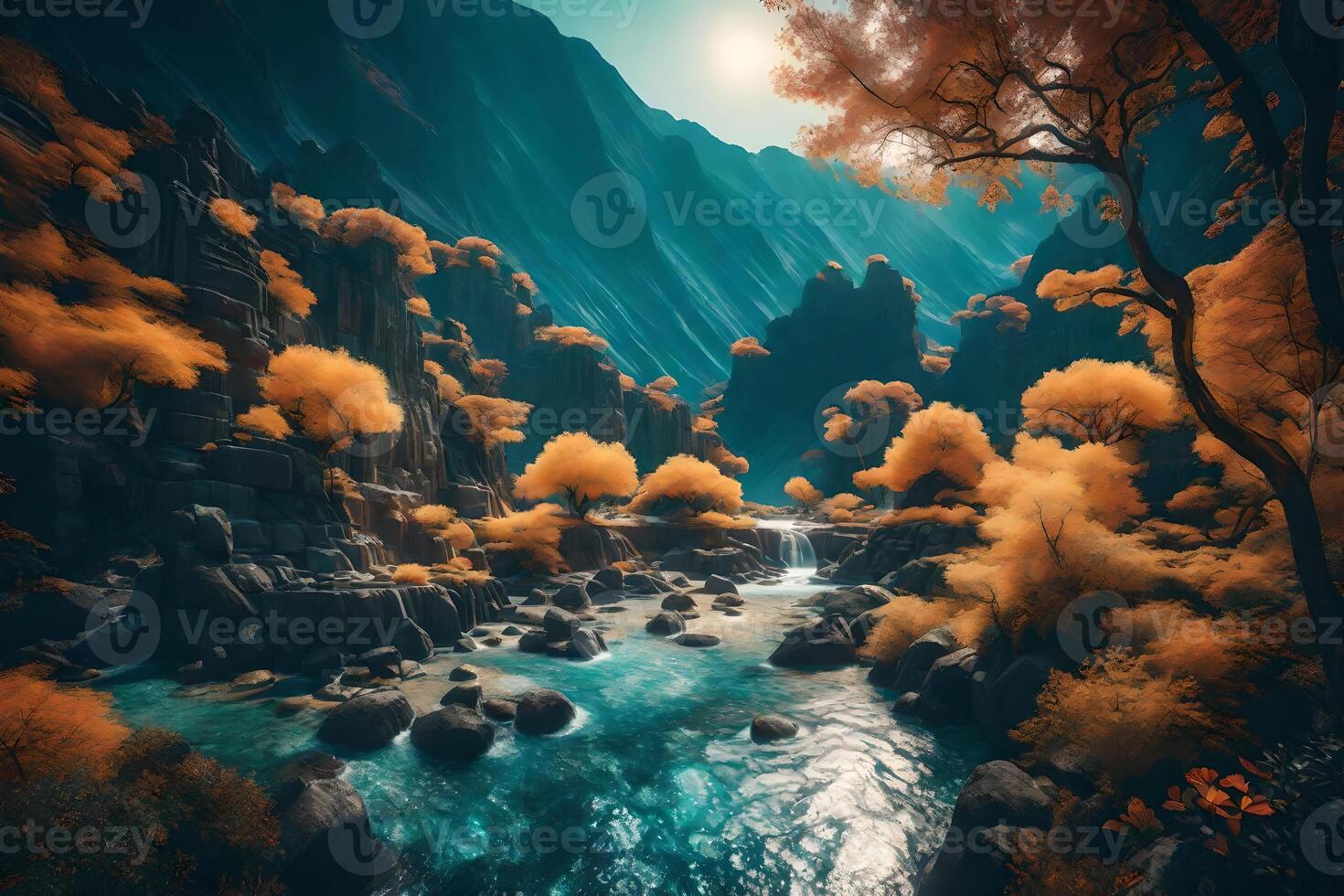 A river in the mountains with trees and rocks photo