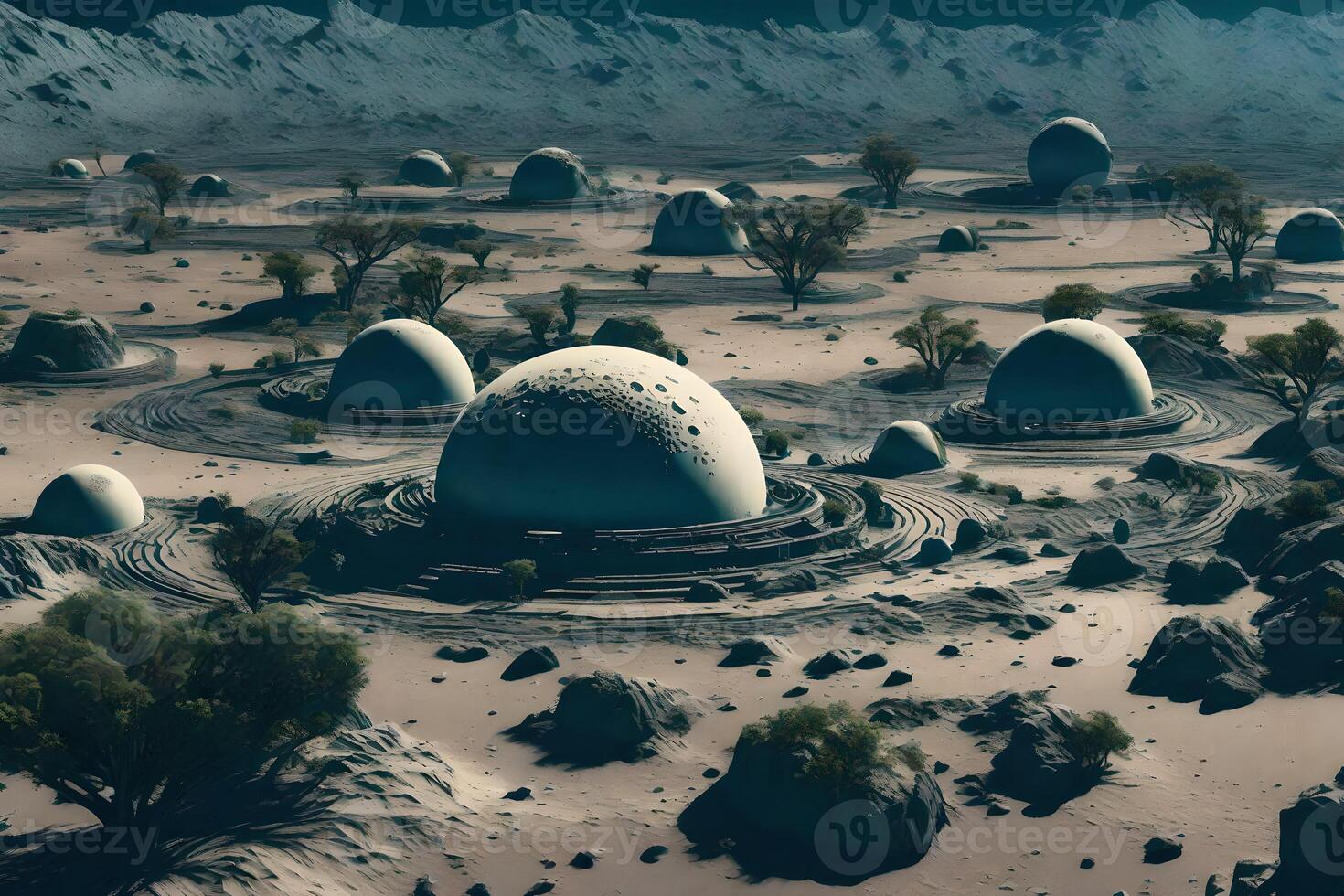 A desert with many domes and rocks photo