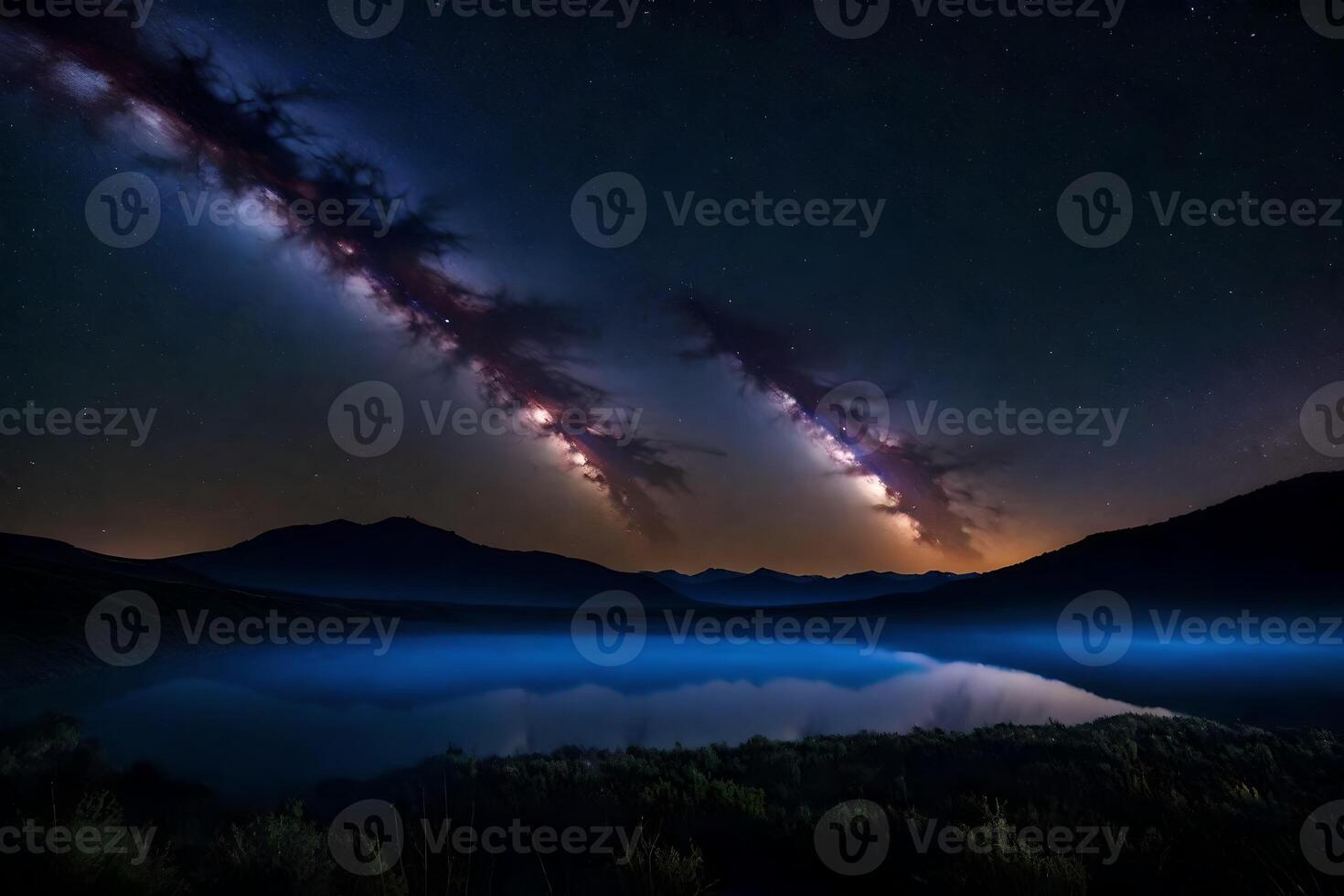 The milky way over a lake and mountains photo