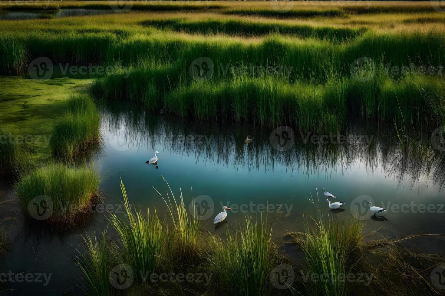Three white birds are in the water near a marsh photo
