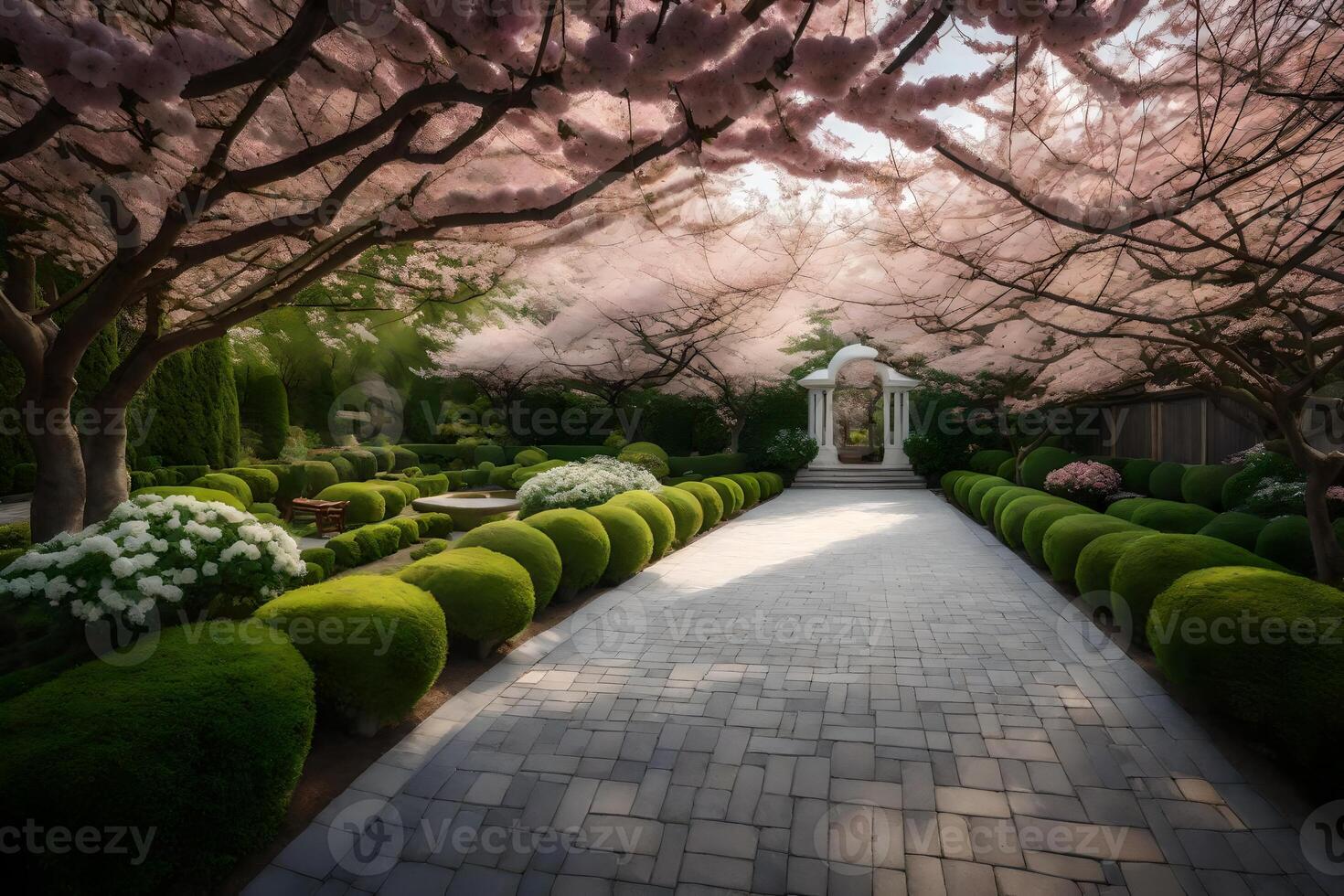 A walkway lined with trees and shrubs in a garden photo