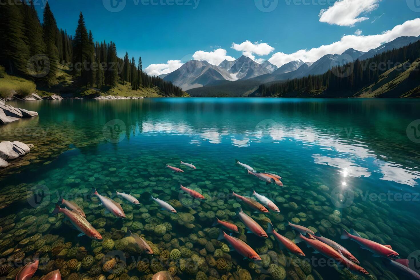 Fish swimming in a lake surrounded by mountains photo