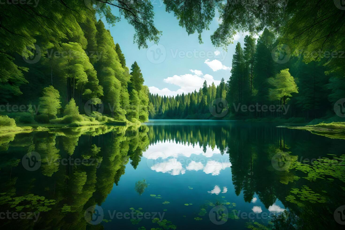 A lake surrounded by trees and green grass photo