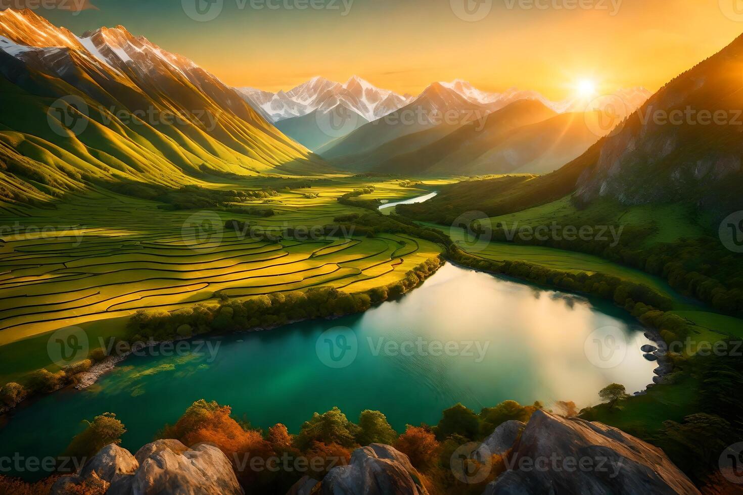 Beautiful landscape with mountain river and green grass photo