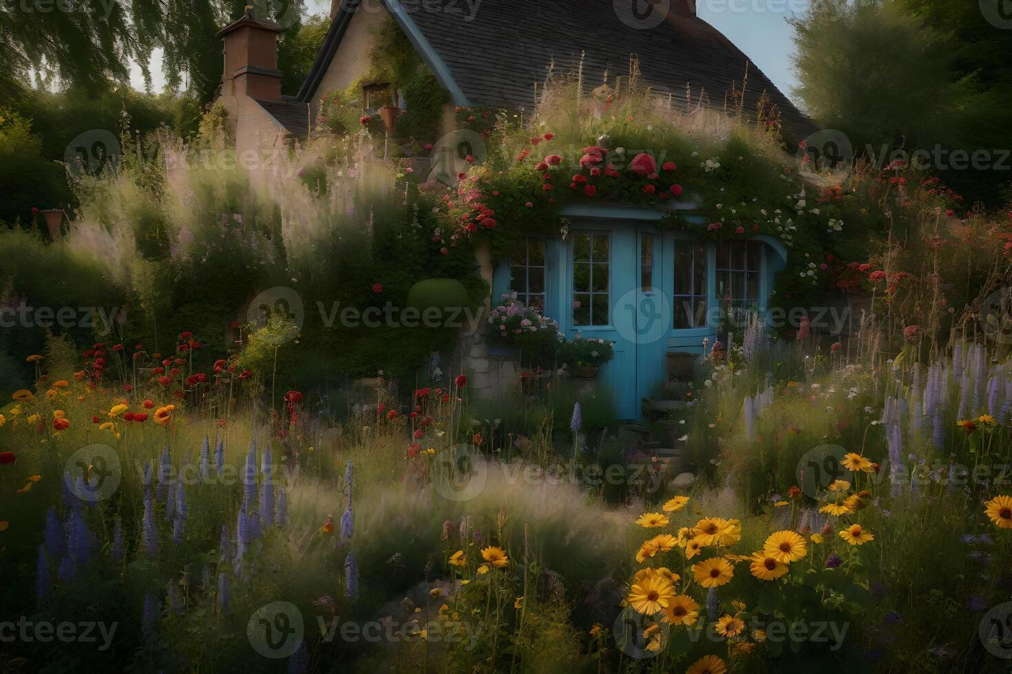 A cottage in the middle of a field with flowers photo