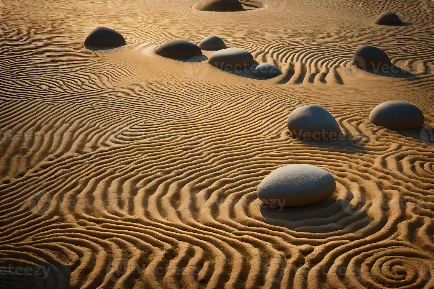 A group of rocks in the sand with a sun setting behind them photo