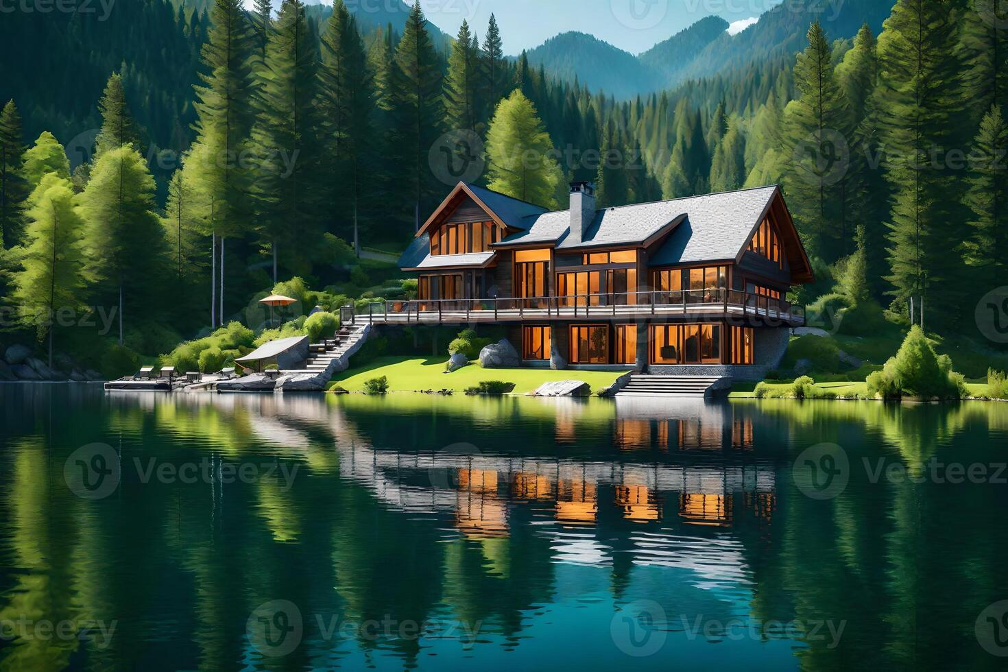 A house on the shore of a lake surrounded by trees photo