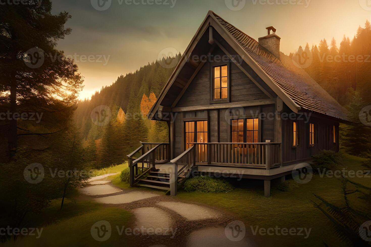 A small cabin in the woods at sunset photo