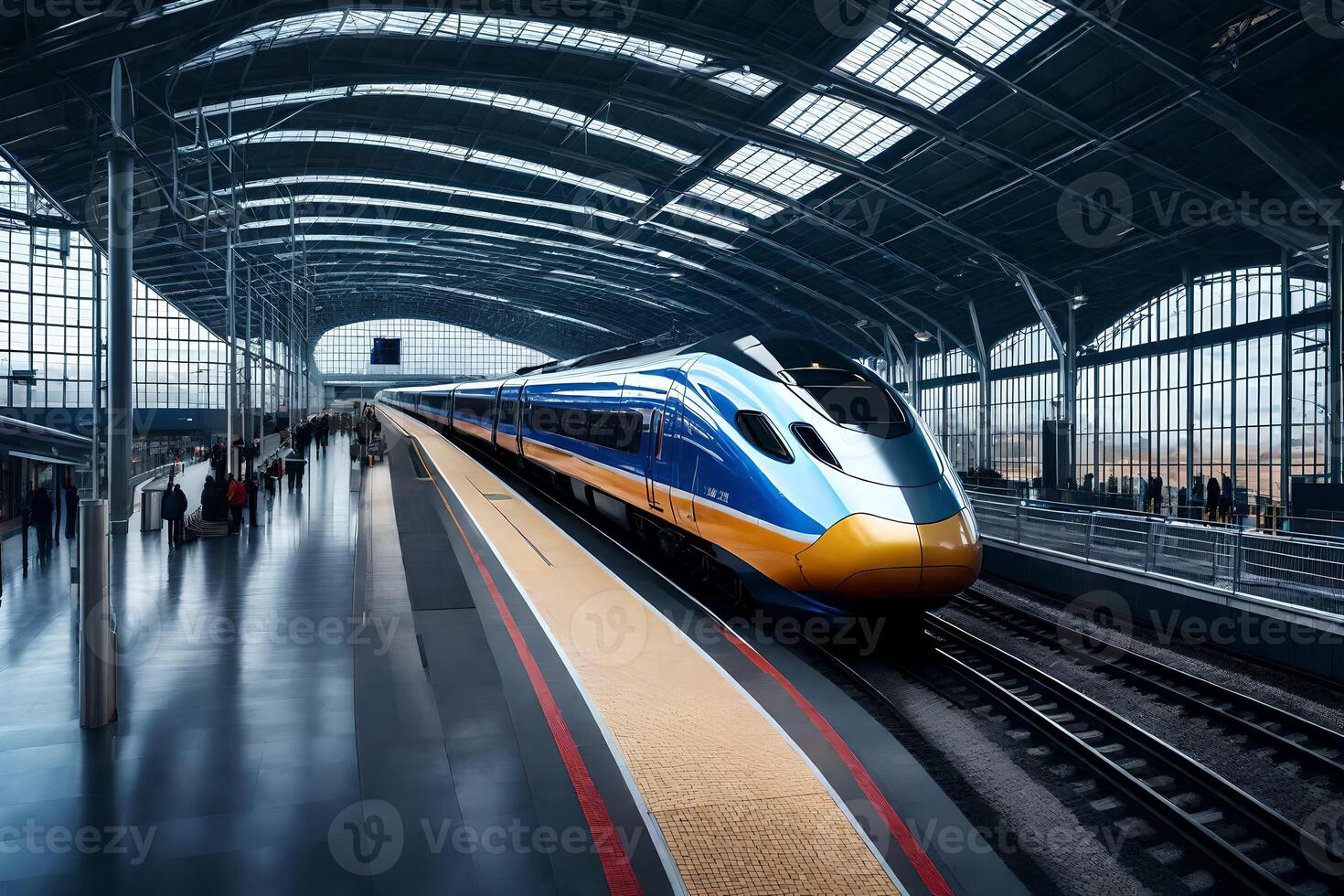 A train is pulling into a station with people walking around photo