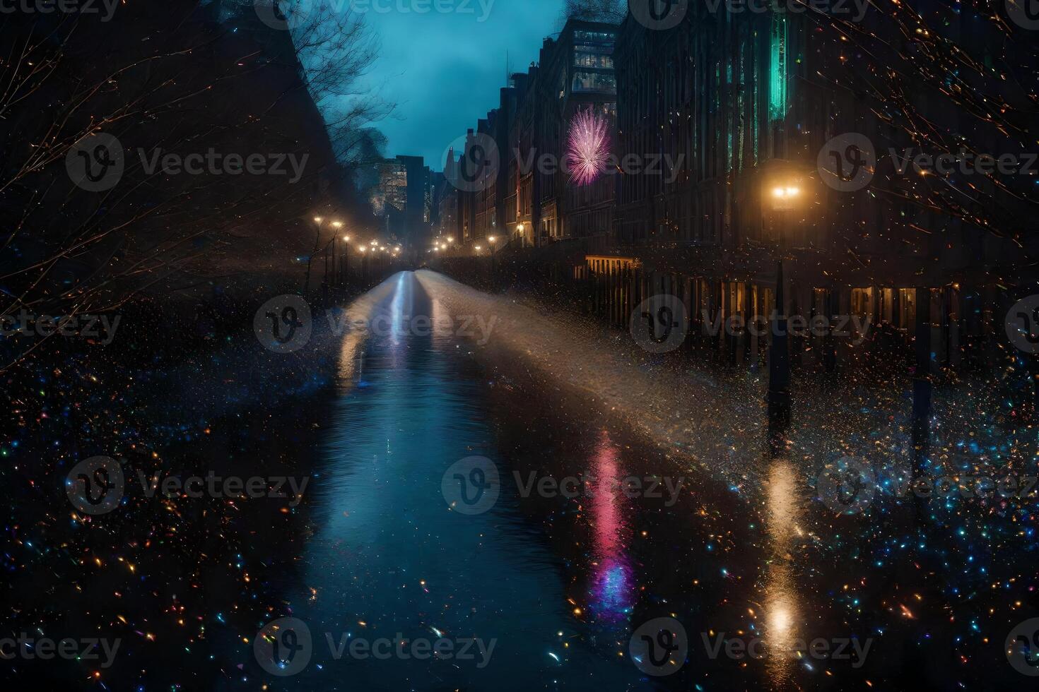 A city street at night with lights on the buildings photo
