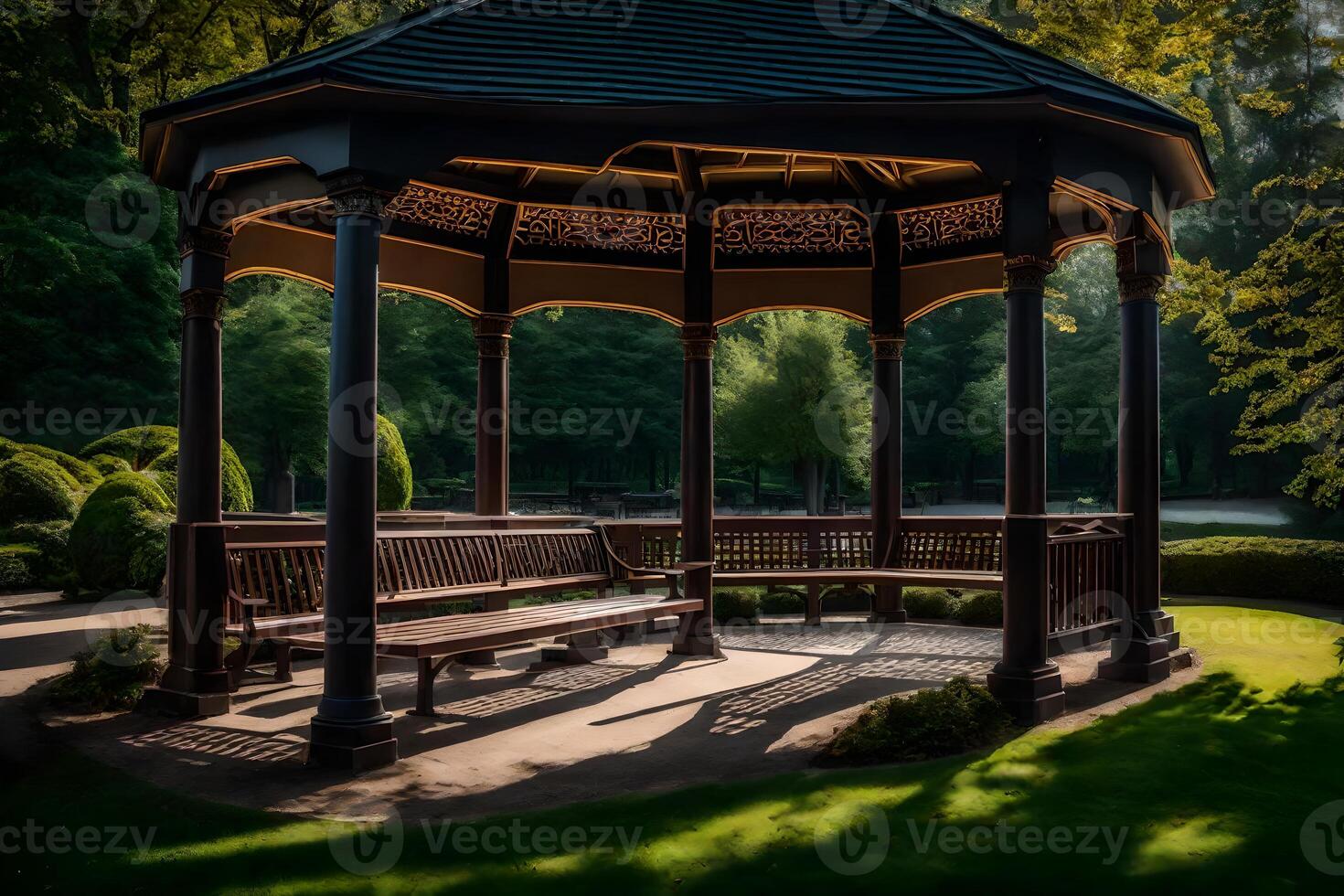 A gazebo in a park with a bench photo