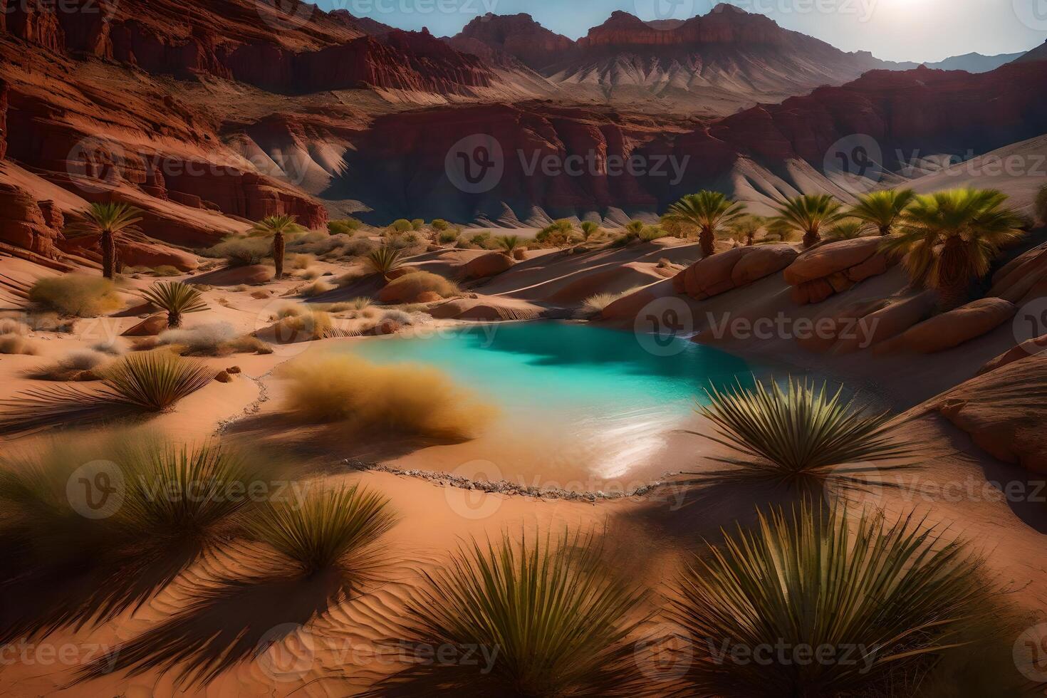A desert landscape with a blue pool in the middle photo
