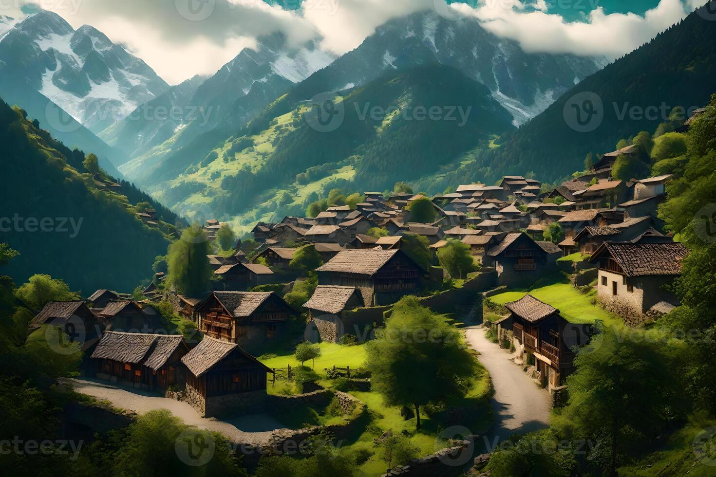 A village in the mountains with green trees and mountains photo