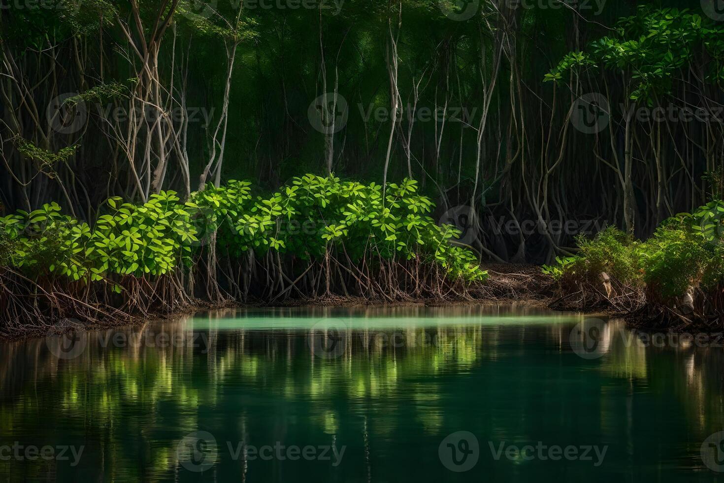 A river in the middle of a forest with trees photo