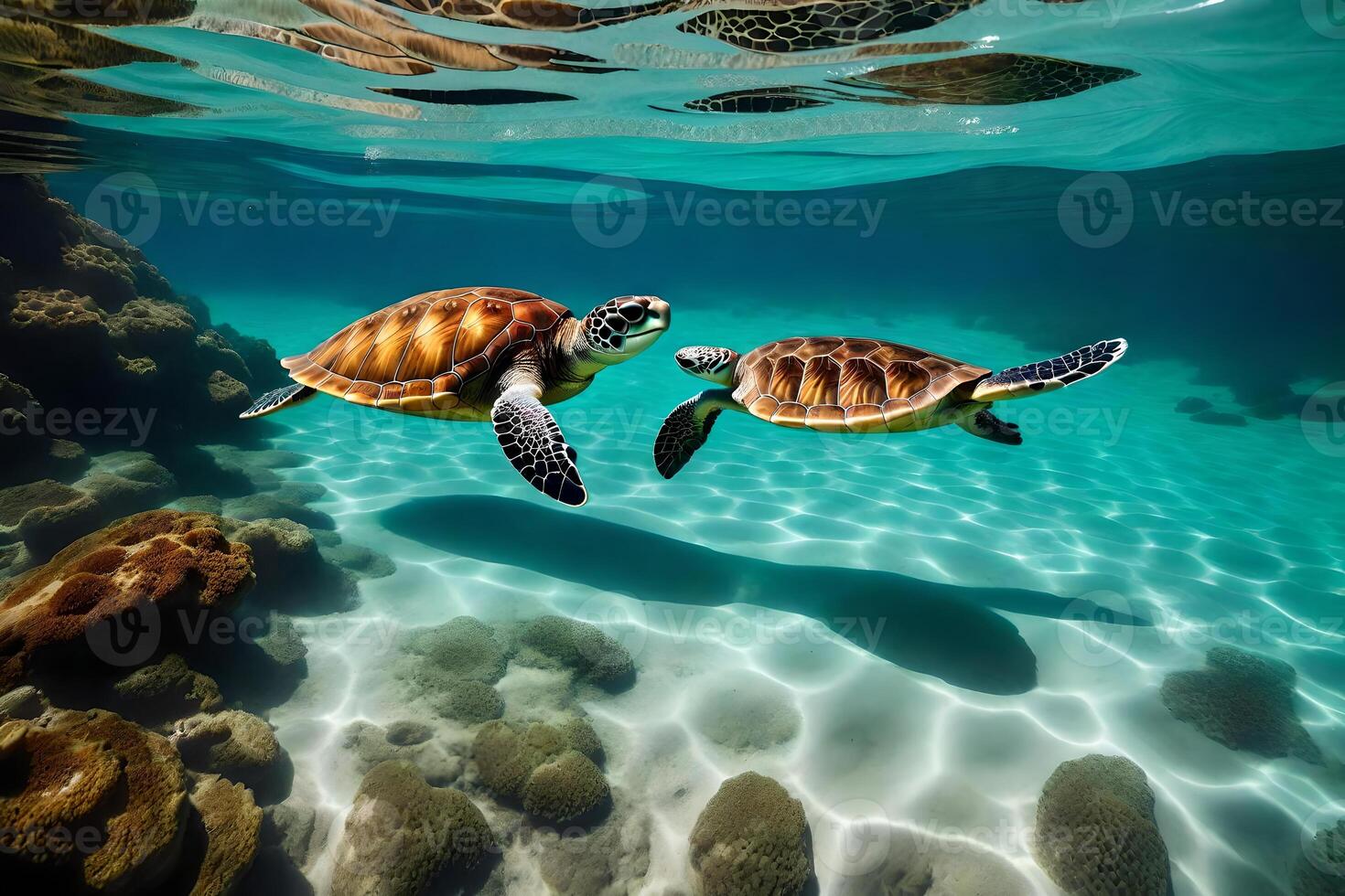 Two turtles swimming in the ocean near rocks photo