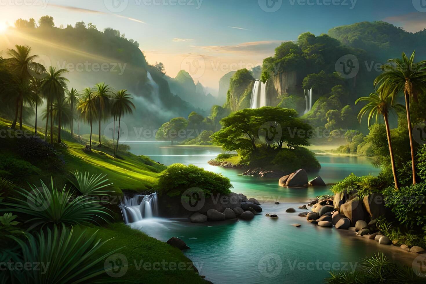 A tropical landscape with waterfalls and palm trees photo