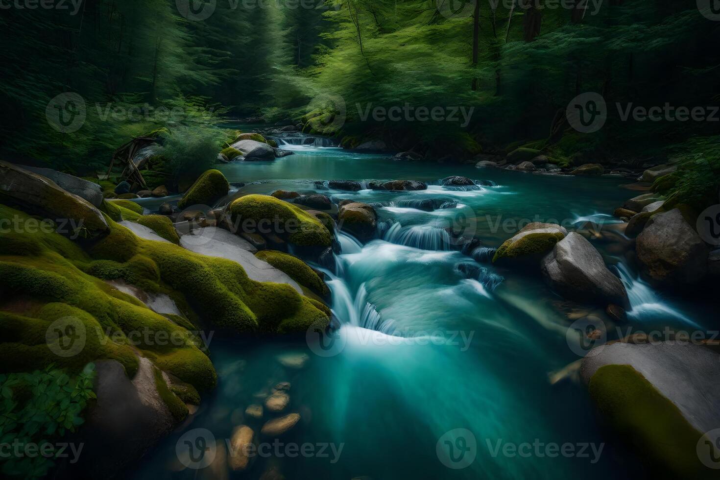 A river flowing through a forest with green moss photo