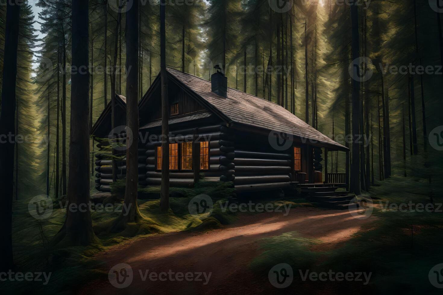 A log cabin in the woods with a path leading to it photo