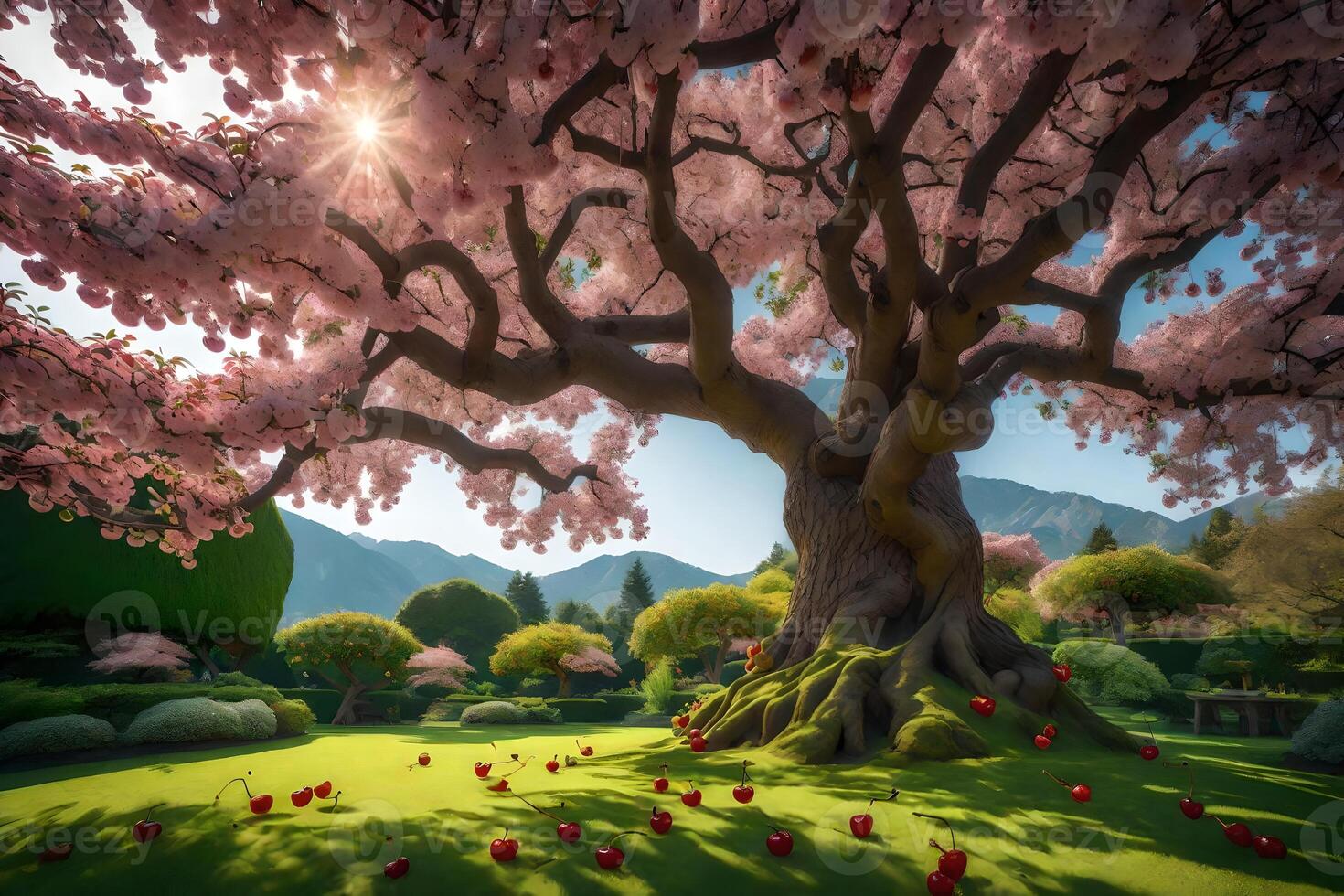 A tree with pink flowers in the middle of a green field photo