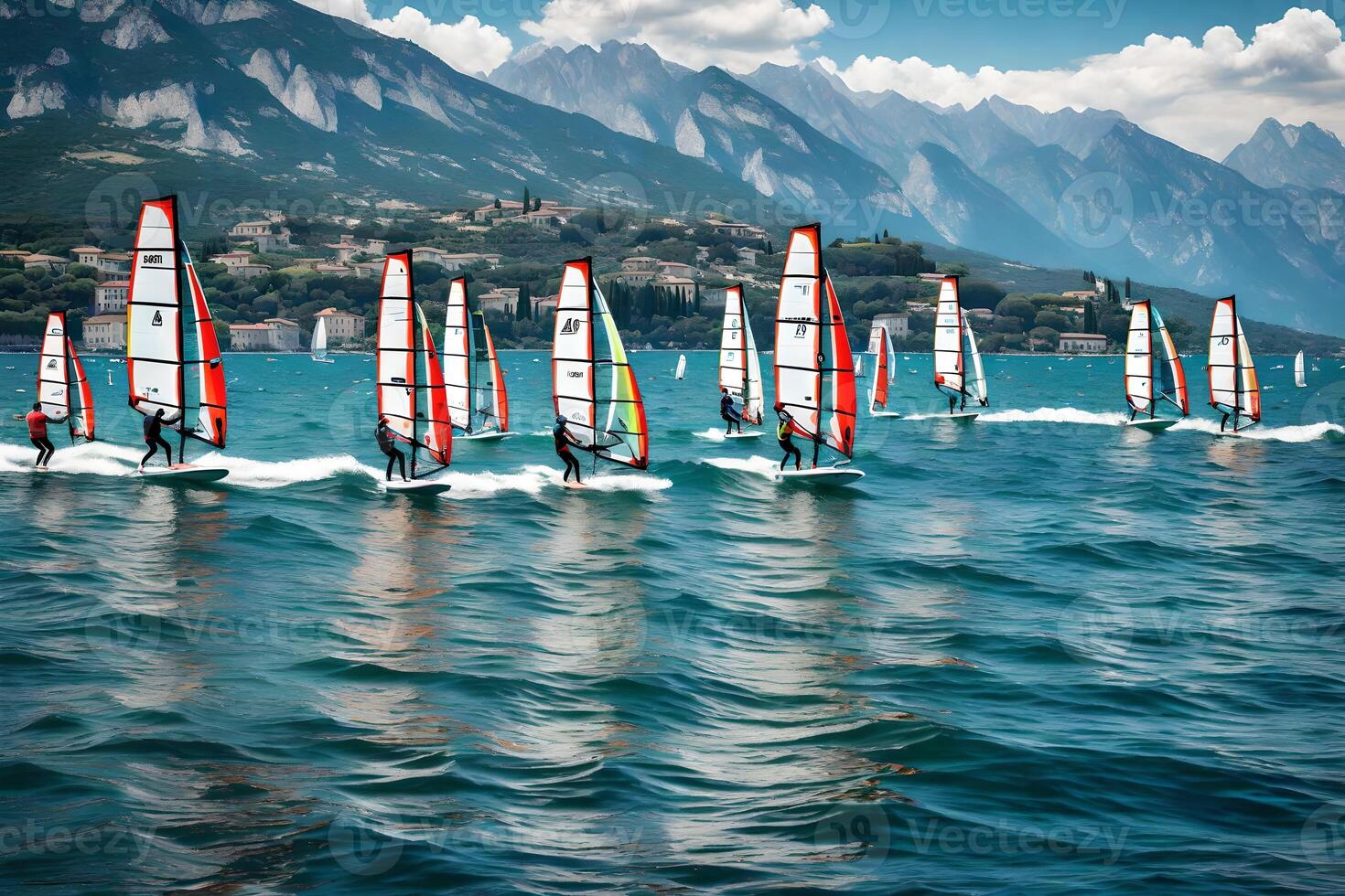 A group of windsurfers riding on the water photo