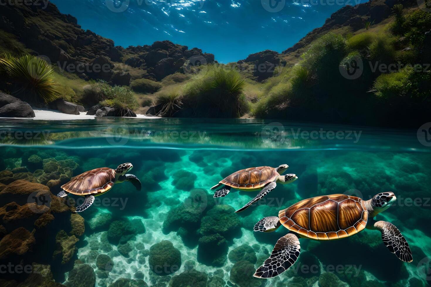 Three turtles swimming in the ocean near a rocky shore photo