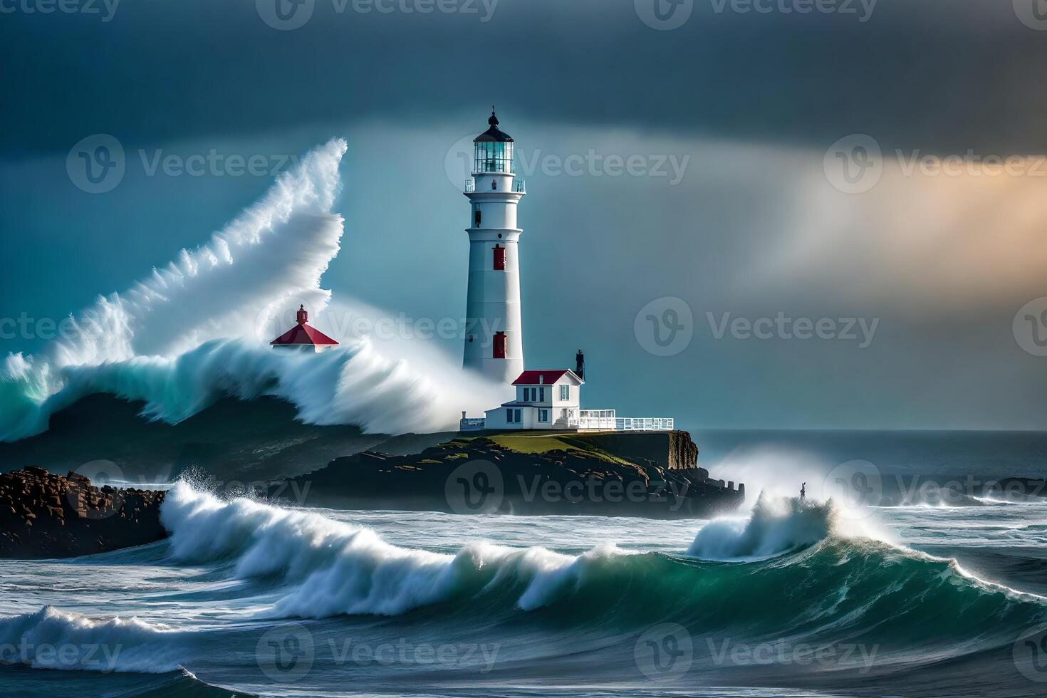 A lighthouse is surrounded by waves and a storm photo