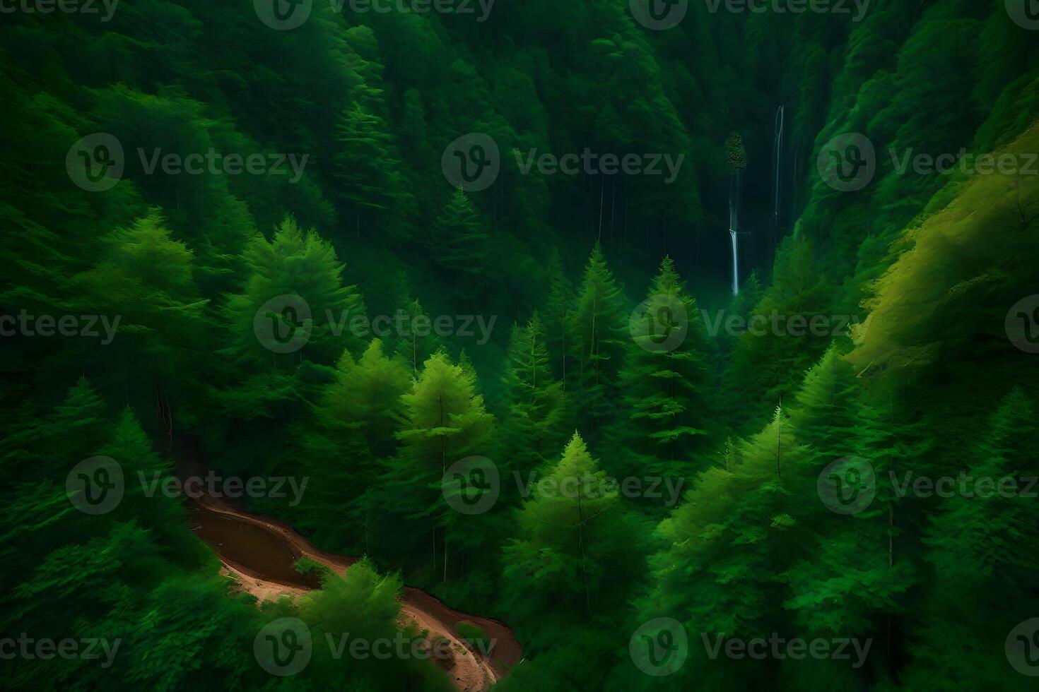 A forest with trees and waterfalls in the background photo