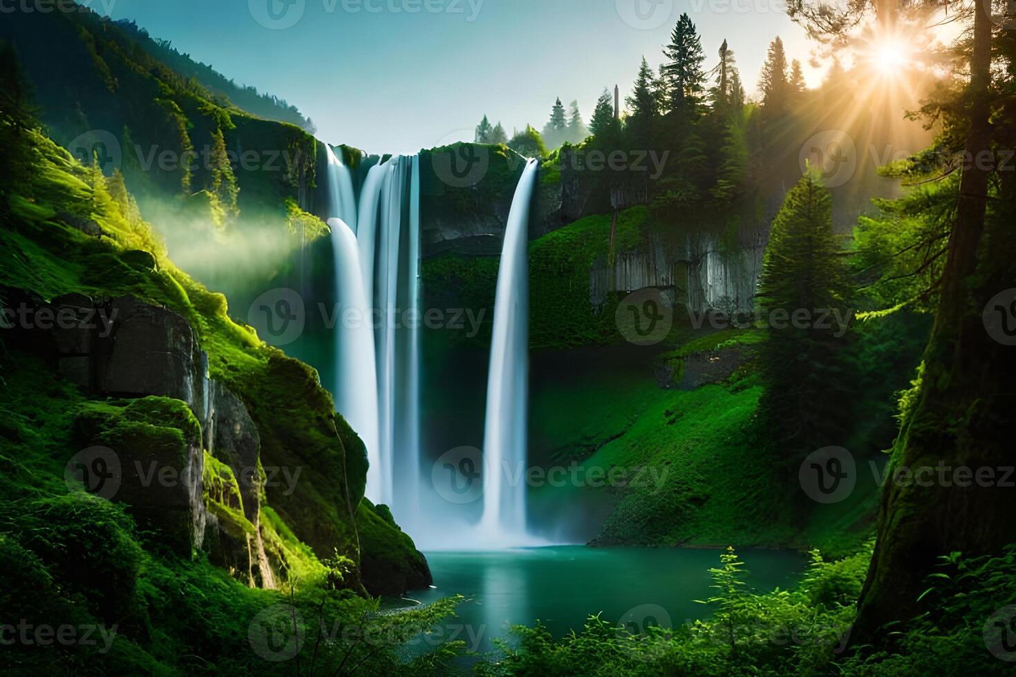 A waterfall in the forest with green trees and water photo