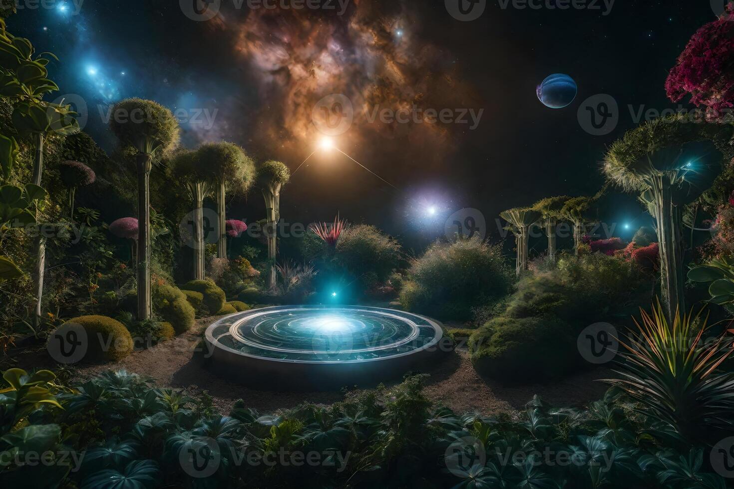 A garden with plants and a fountain photo