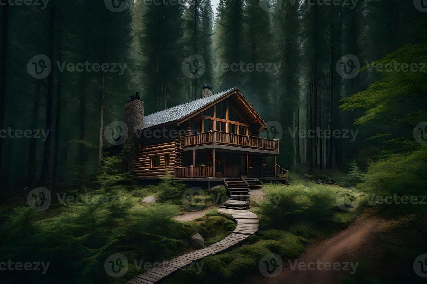 A small cabin in the woods with a path leading to it photo