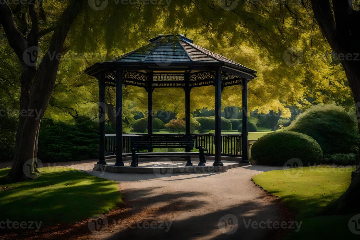 A gazebo in a park surrounded by trees photo