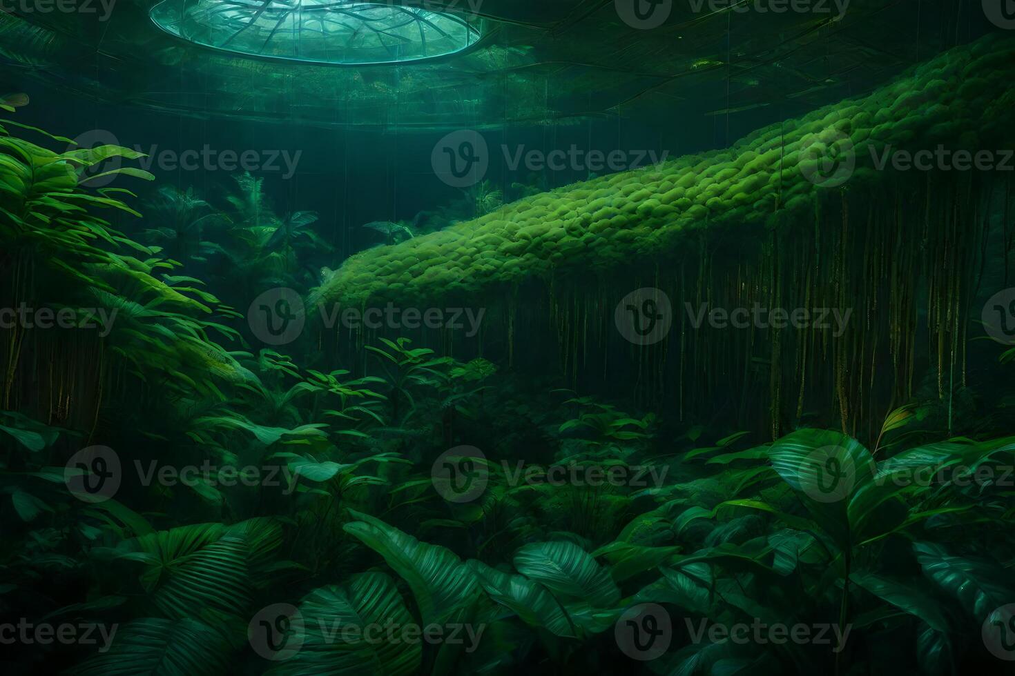 A large green jungle with plants and water photo