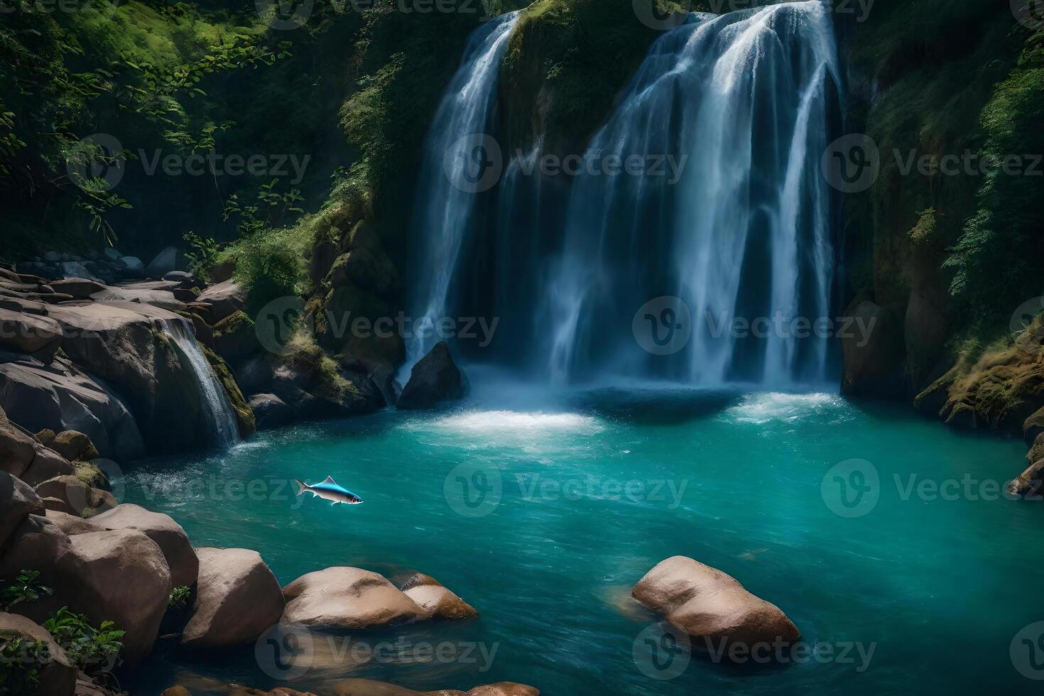 A boat is floating in the water near a waterfall photo