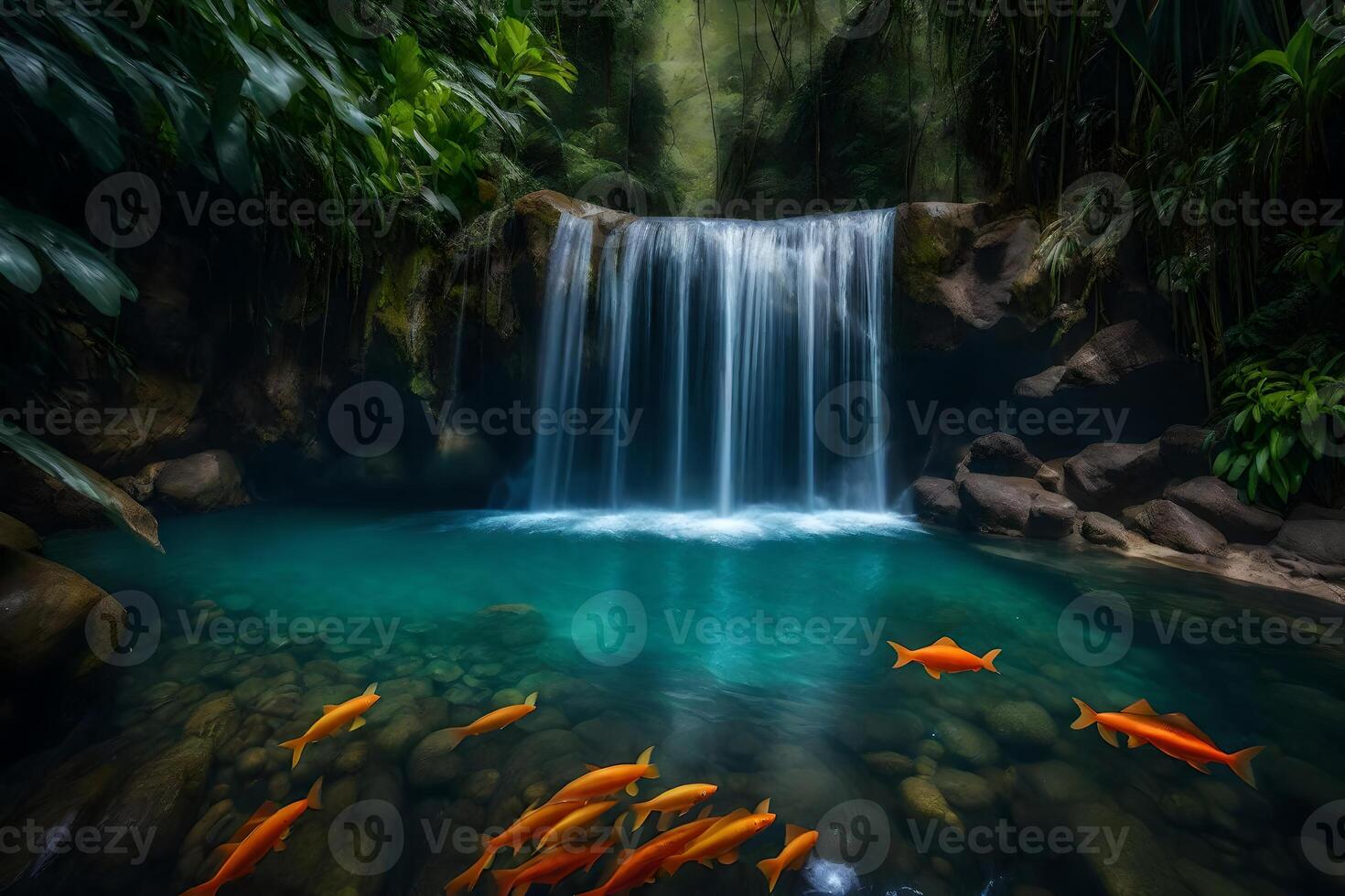 A waterfall and a group of goldfish in the water photo