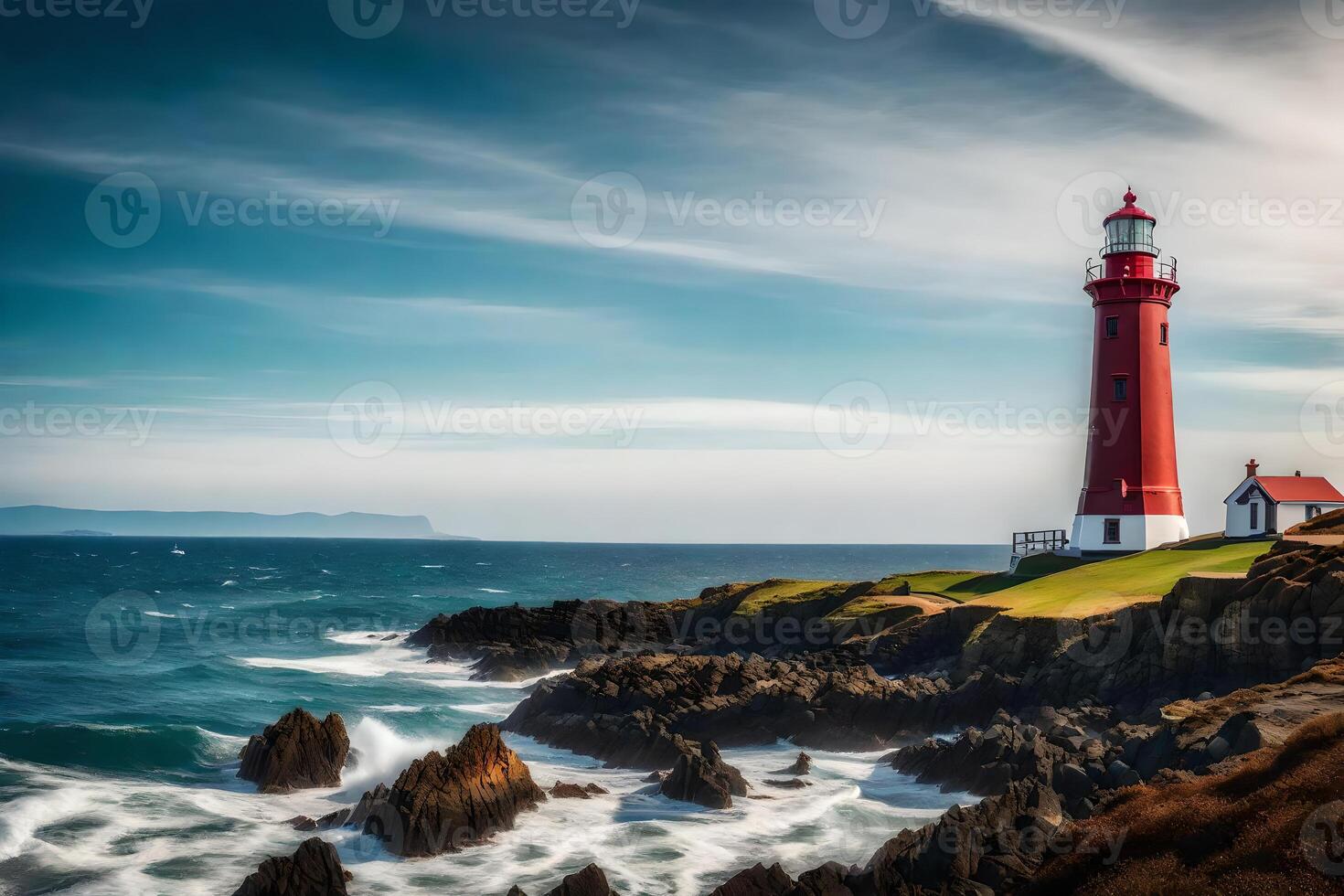 A red lighthouse on a rocky shoreline photo
