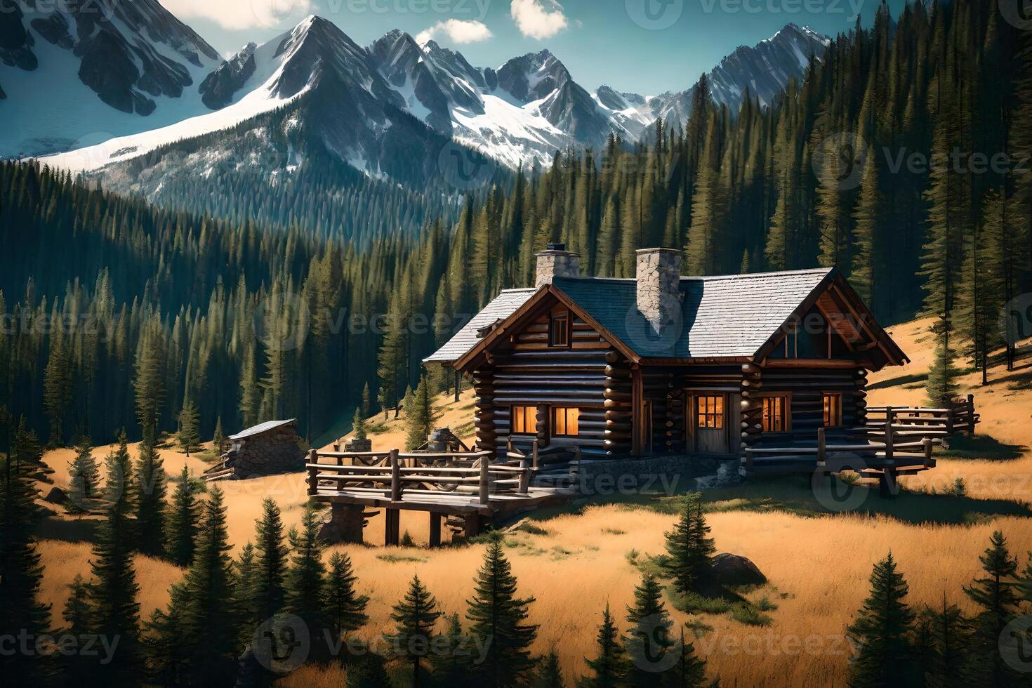 A small cabin in the mountains with a mountain in the background photo