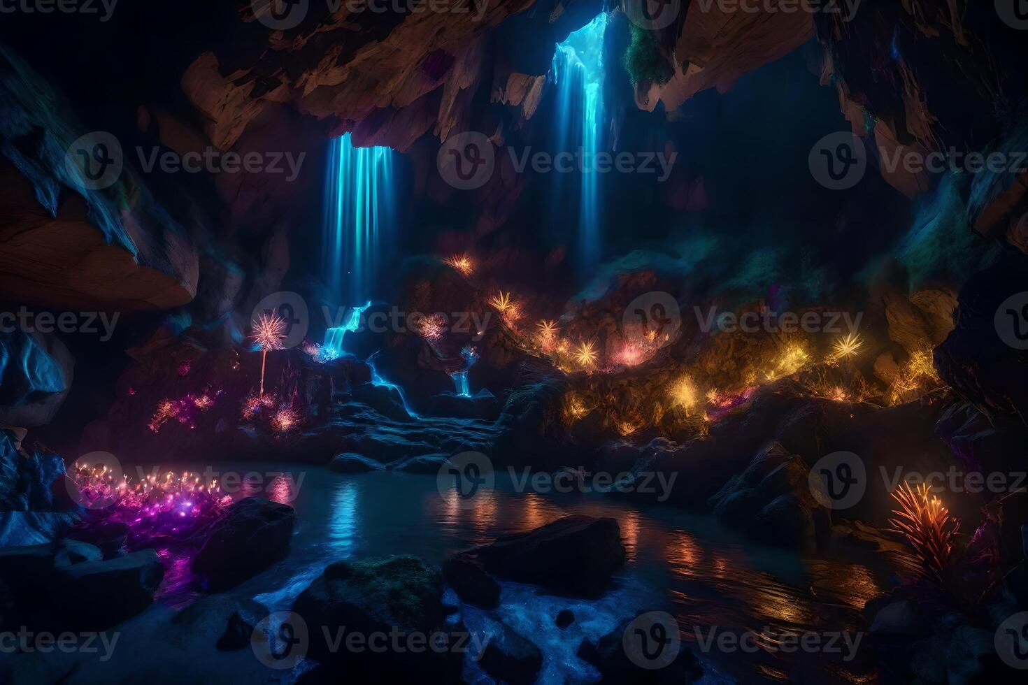 The cave is lit up with colorful lights photo