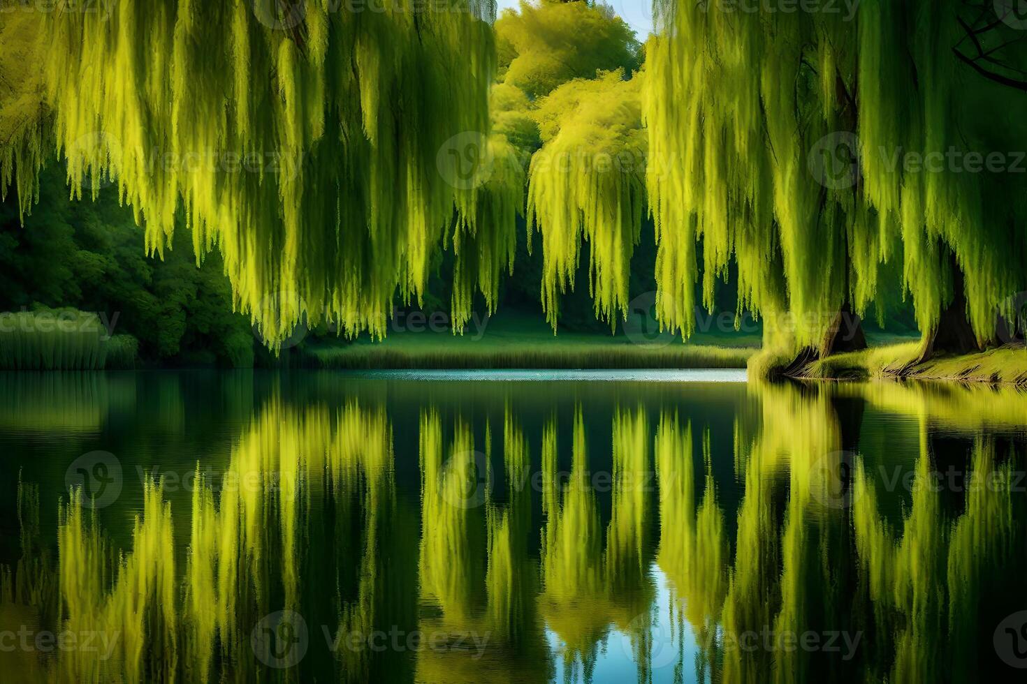 A beautiful green tree is reflected in the water photo