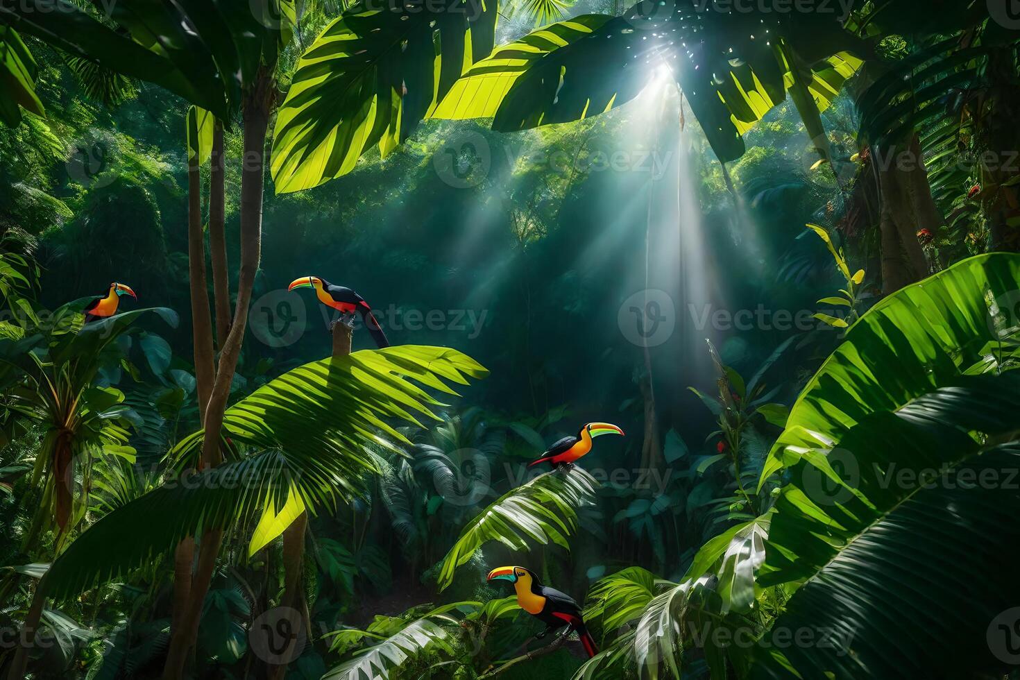 Toucan birds in the jungle with sunlight photo