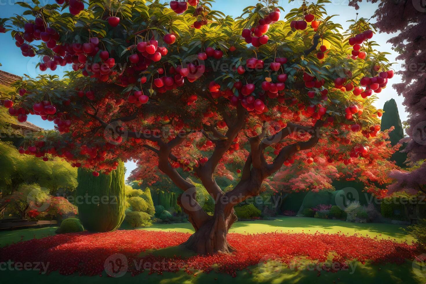 The tree is surrounded by red apples photo