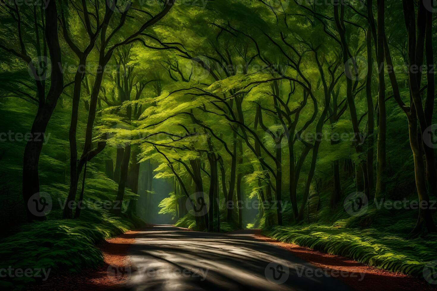A road through a green forest with trees photo