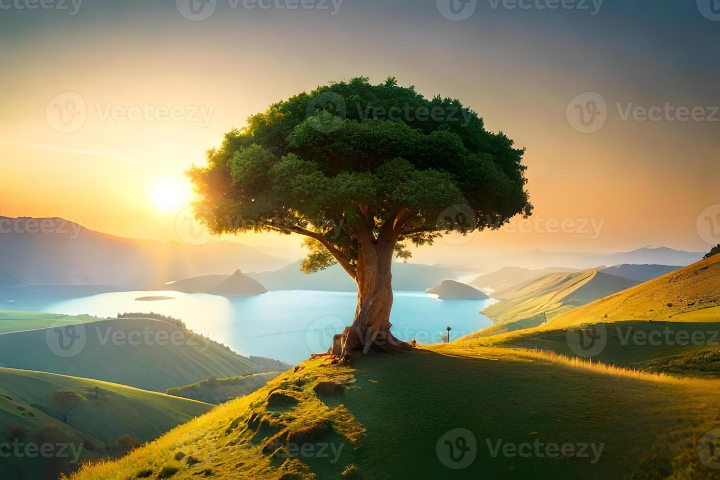 A tree stands on a hill overlooking a lake and mountains photo