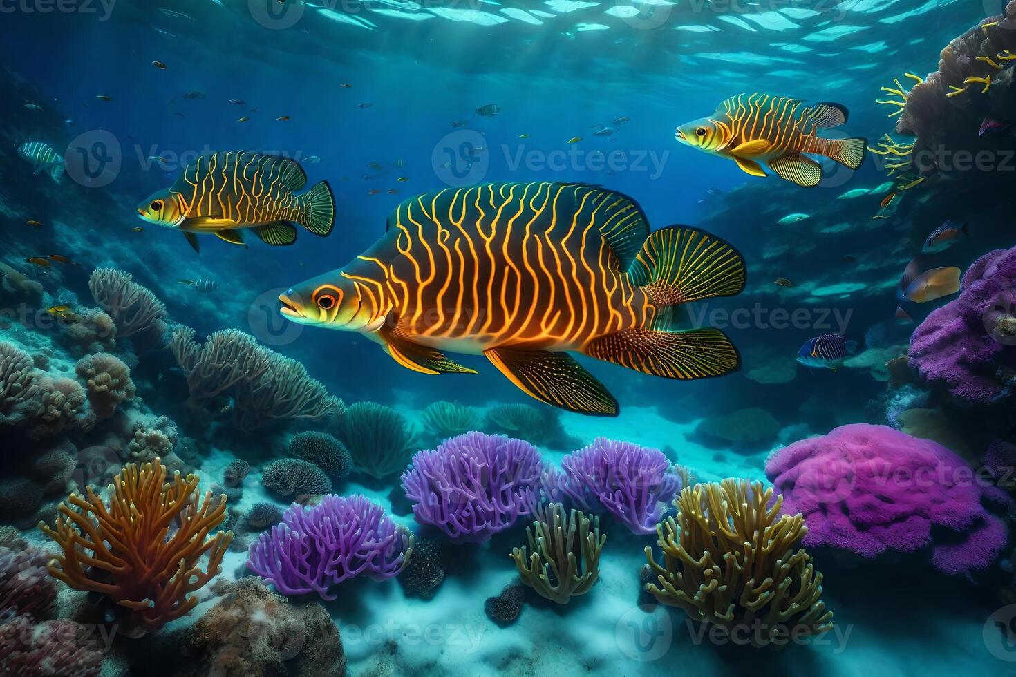 An underwater scene with a large fish and coral photo
