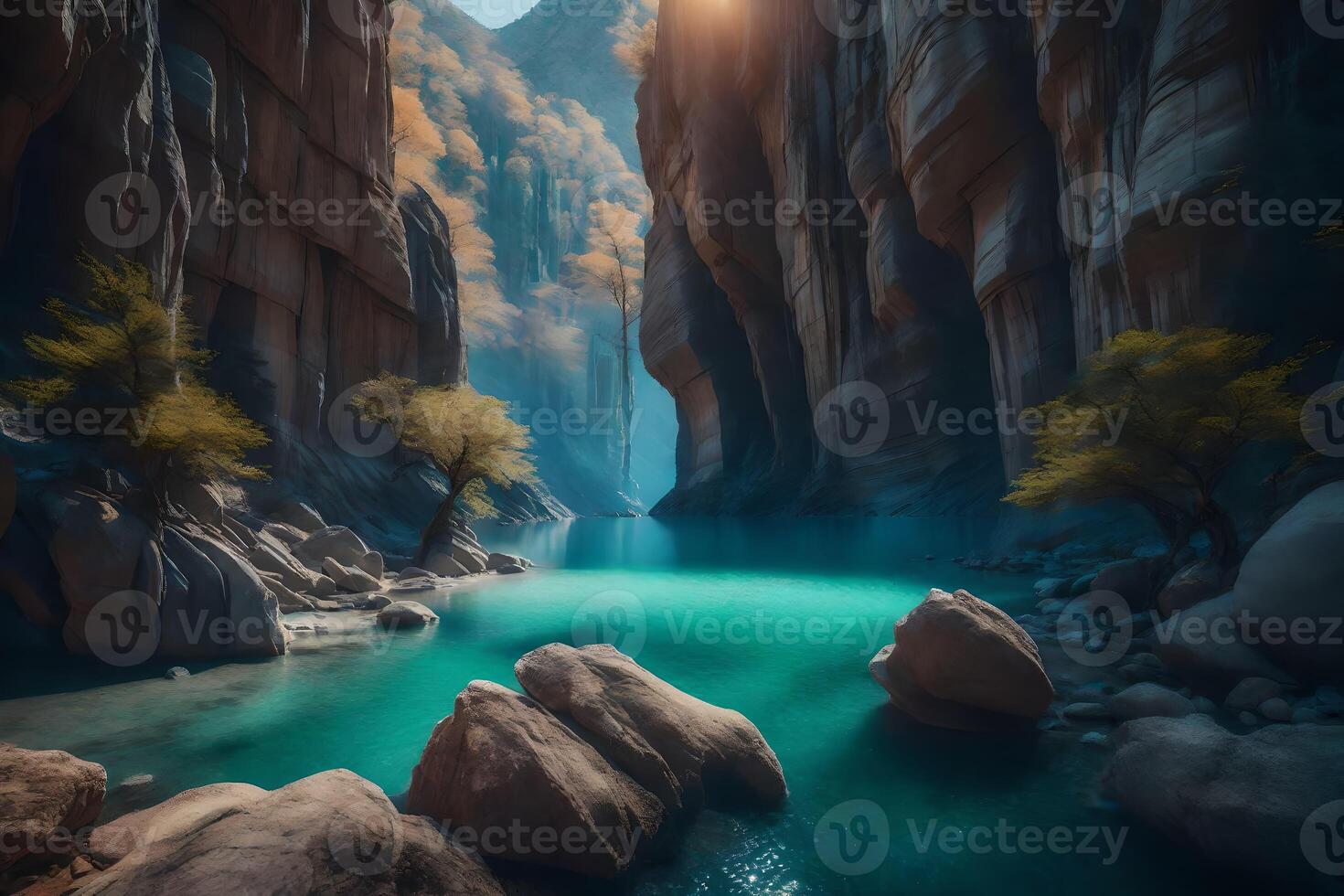 A river in a canyon with rocks and trees photo